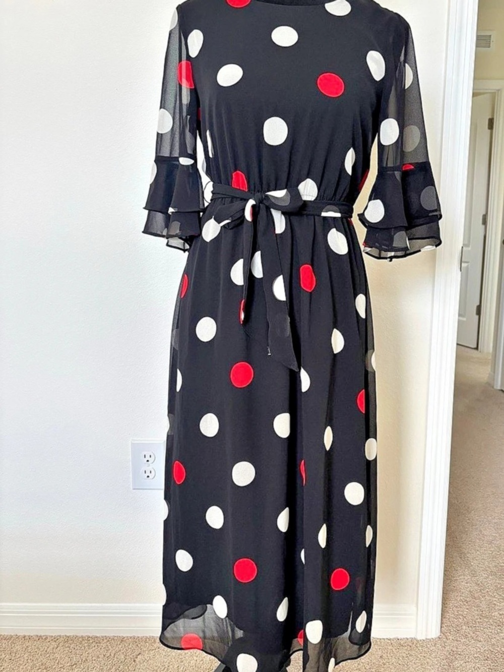 Anne Klein Polka Dot Chiffon Midi Dress – XS